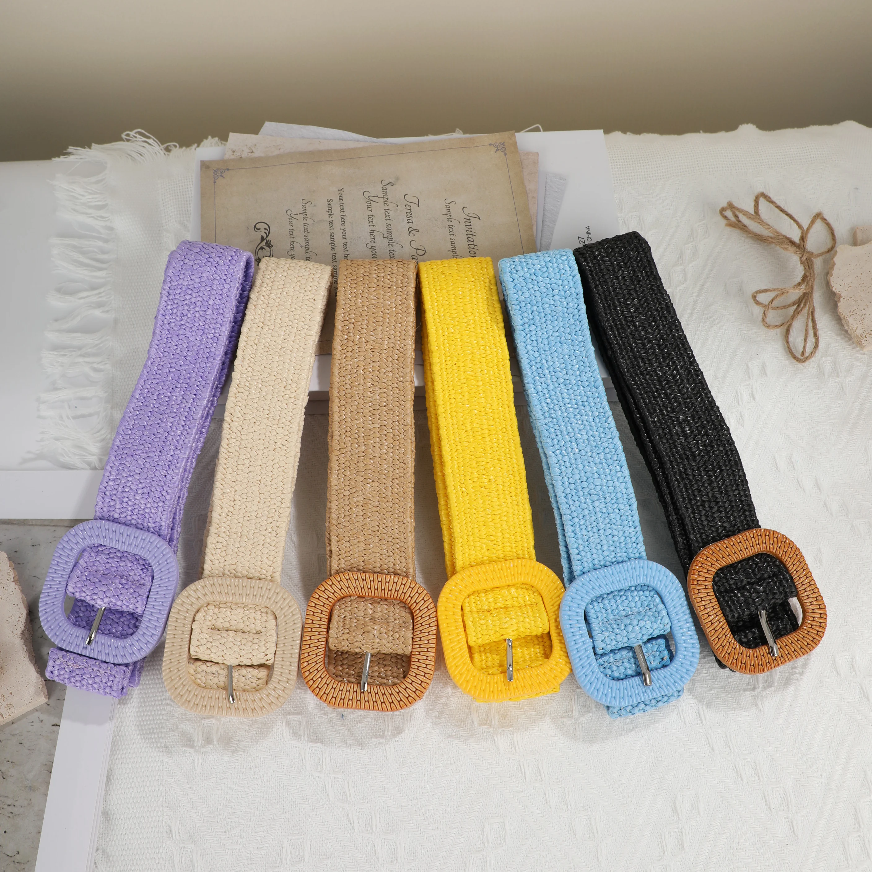 Women Straw Braided Belts Candy Color Square Buckle Fake Straw Woven Wide Waistband Summer Bohemian Dress Shirt Decorative Belt new bohemia square pin buckle elastic braided belts women pp straw fake grass woven wide waistband dress decorative vacation hot