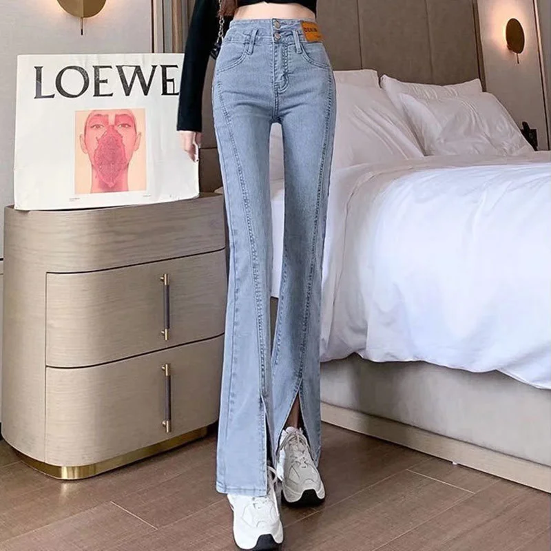 Front Slit Micro Flared Jeans Women's Stretch High Waist New Slim Slimming  Wide-leg Drape Mopping Trousers High Waisted Jeans - AliExpress