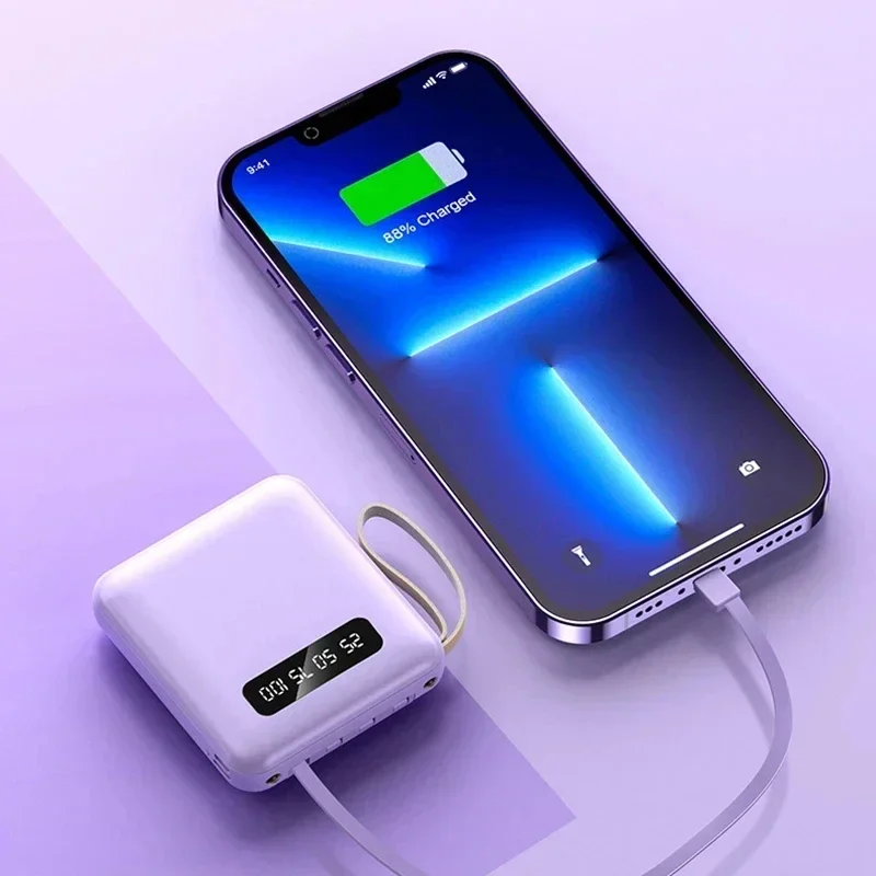 Mini Power Bank 10000mAh Fast Charging Built in 4 Cables Portable Charger Powerbank for IPhone Xiaomi IPhone External Battery 5