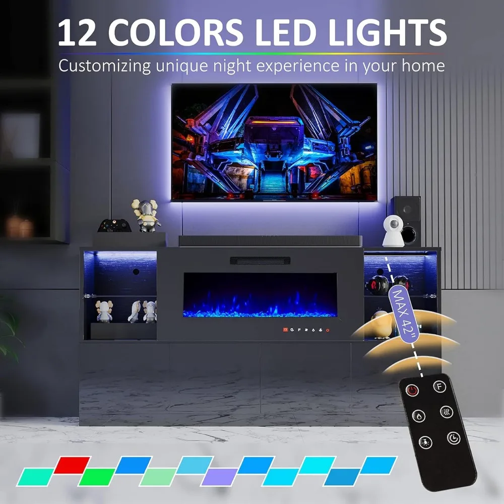Fireplace TV Stand for TVs up to 75", Modern High Gloss Entertainment Center with 40" Fireplace, 4 Shelves & Storage Cabinets 5