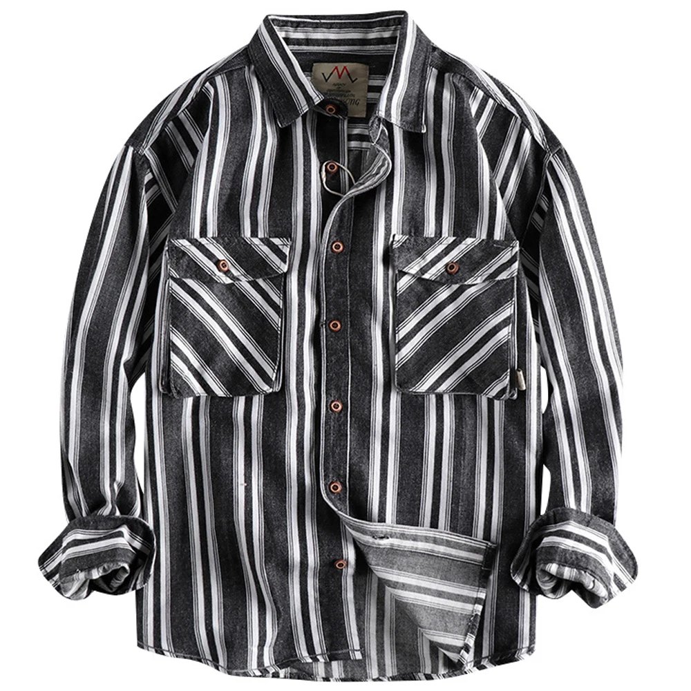 

Brand Retro Stripe Mens Denim Shirts American Style Long Sleeve Luxury Loose Shirts 3D Pocket Male Shirt Winter Autumn Spring