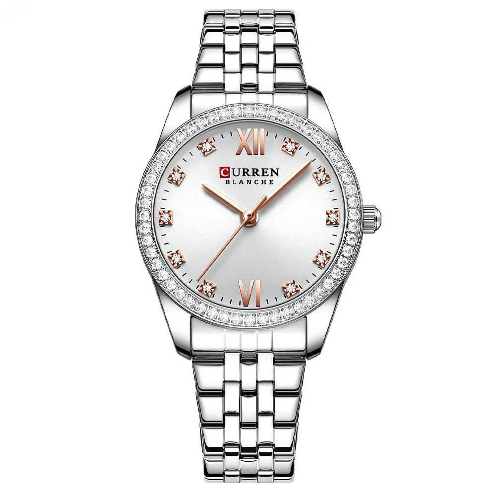 Light Luxury Quartz Watch Women\'s Simple And Ultra Thin Stainless Steel Luxury Shiny Rhinestone Dial Women\'s Watch 9086