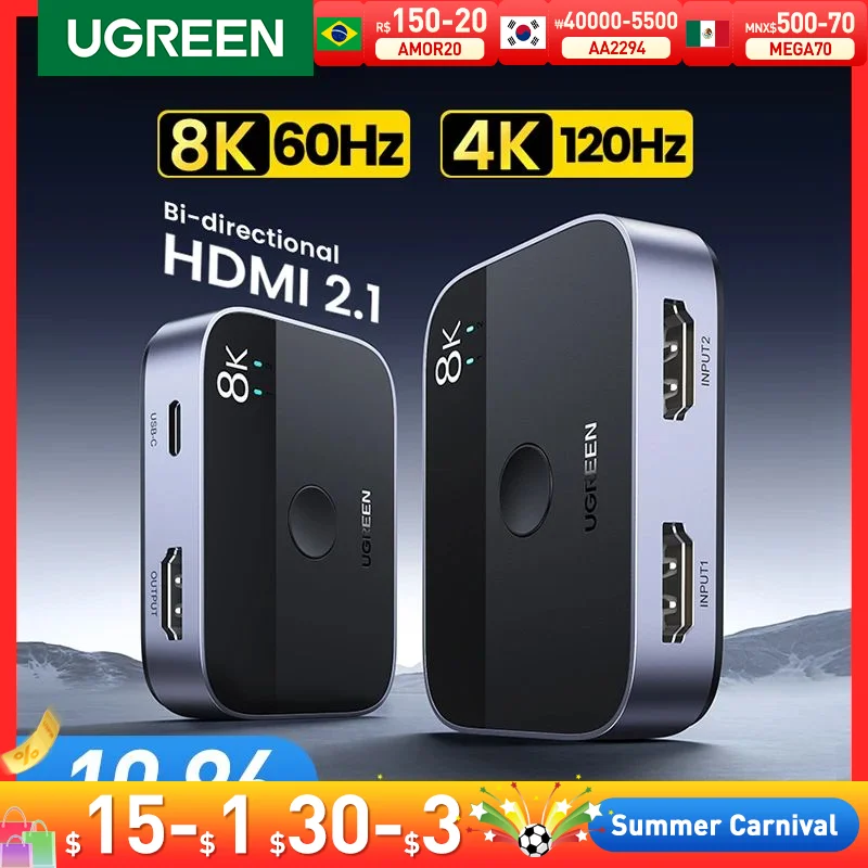 UGREEN HDMI 2.1 przejściówka 8K 60Hz 4K 120Hz 2 w 1 wyjście dla telewizora Xiaomi Xbox SeriesX PS5HDMI kabel Monitor HDMI 2.1 przełącznik