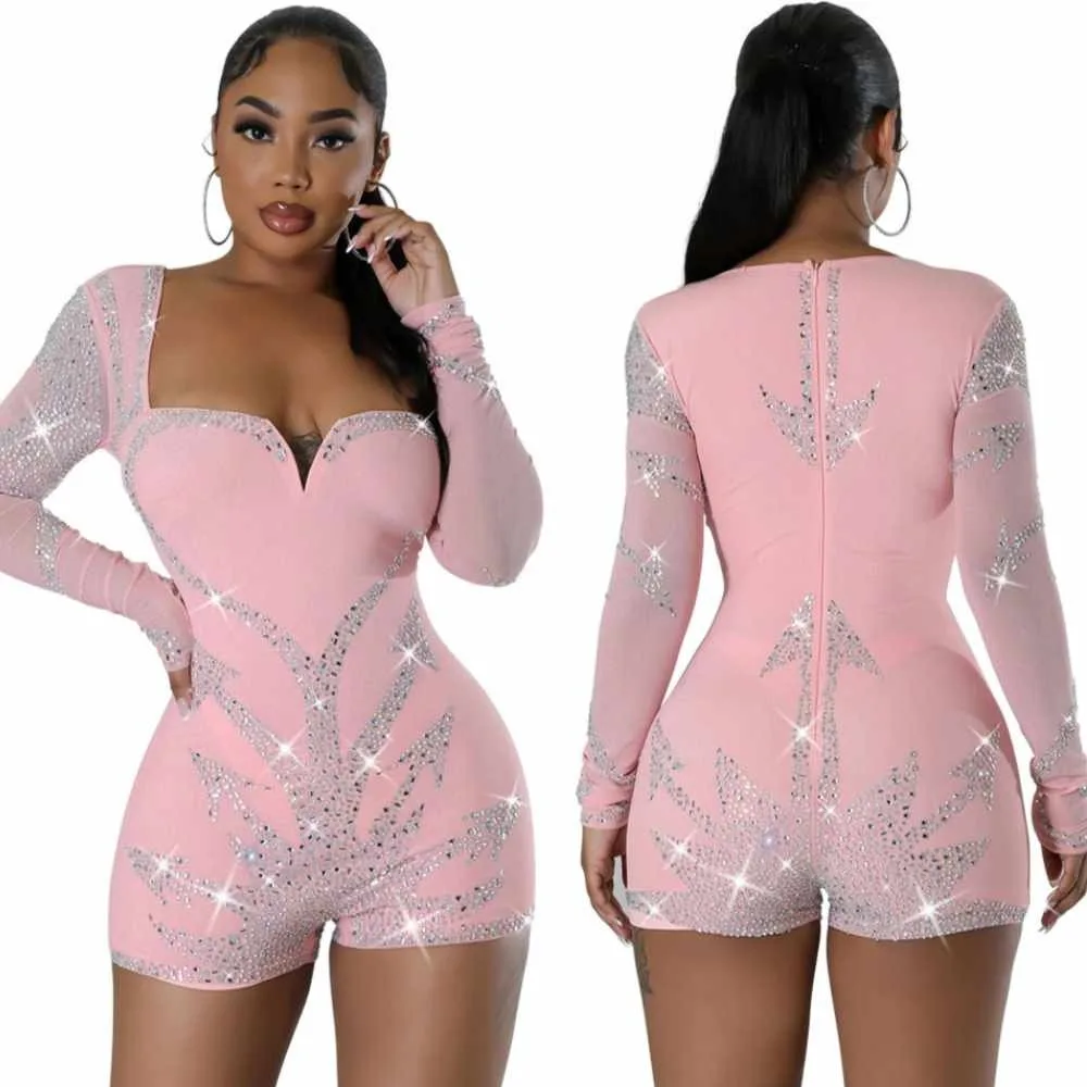 HLJ Fashion Luxury Rhinestone Bodycon Party Club Rompers Women Deep V Long Sleeve Slim Jumpsuits Sexy Lady One Piece Overalls women fashion rhinestone belts shiny diamond crystal waistband sliver gold alloy lady luxury party dress waist belt pin buckle