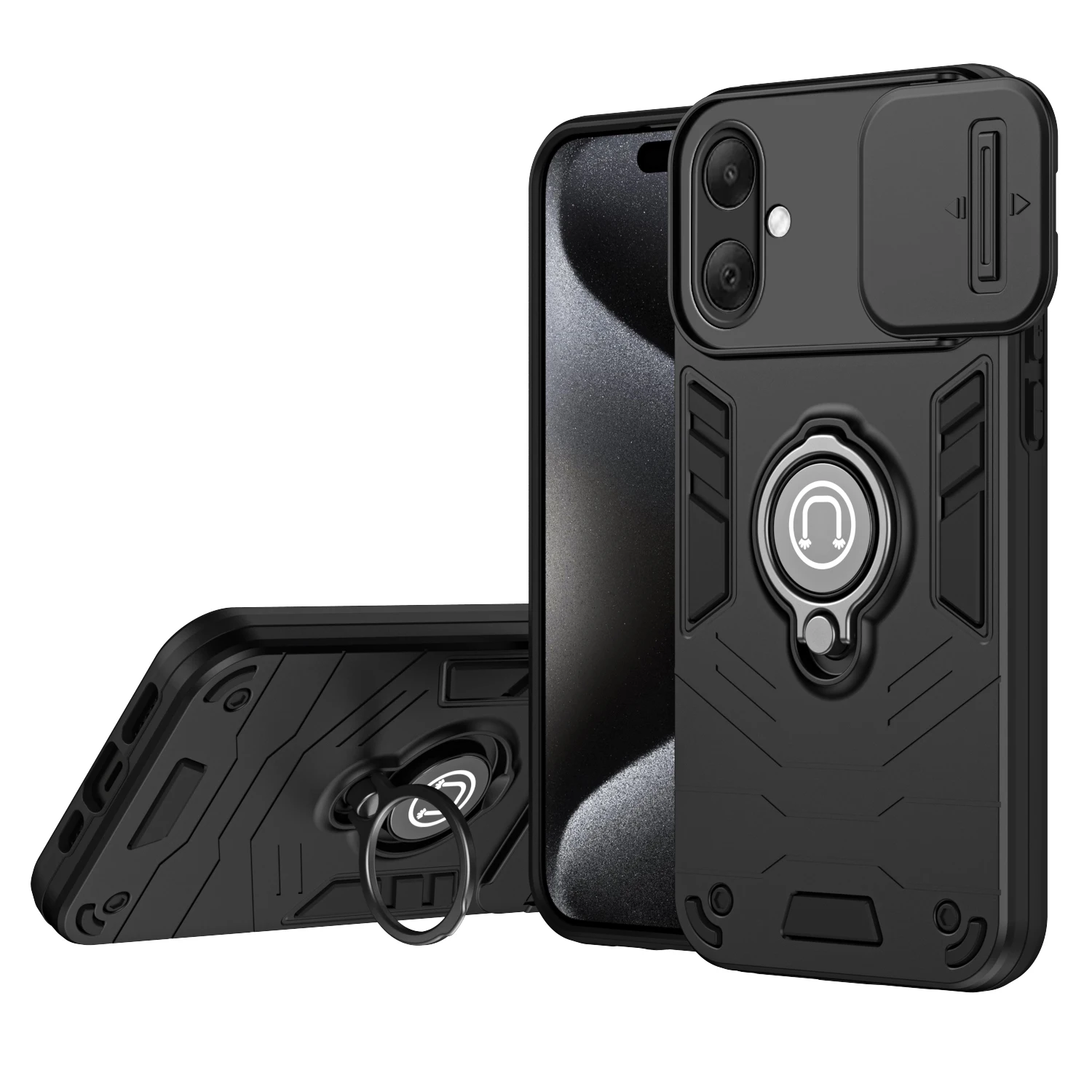 Rugged Armor Shockproof Phone Case with Sliding Window and Metal Ring Holder