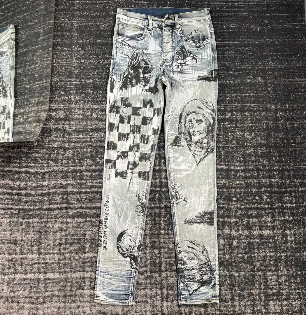 

Джинсы мужские Стрейчевые в стиле хип-хоп, Модные зауженные джинсы с черепом, с защитой от брызг рук, уличная одежда