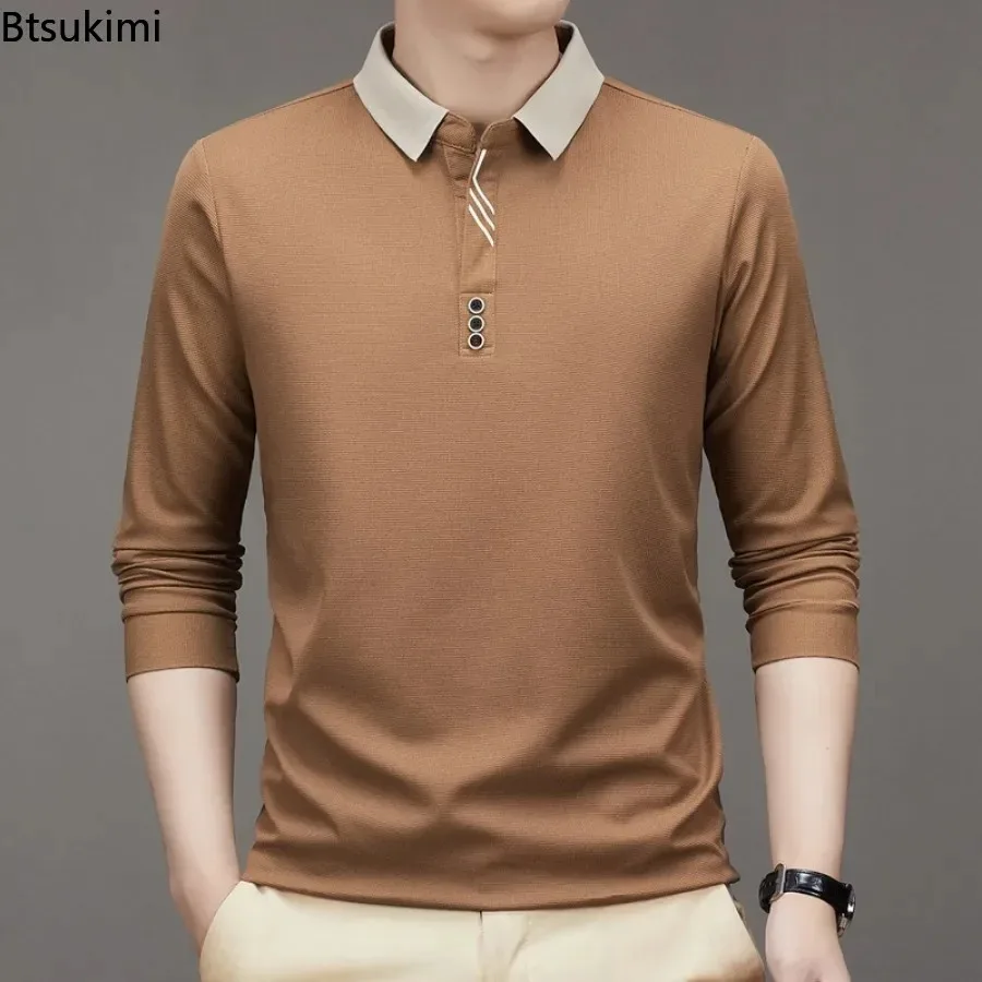Polo a manica lunga da uomo 2026, T-shirt casual elegante con risvolto per primavera autunno, Maglie basiche di alta qualità, Top versatili da uomo - immagine 4