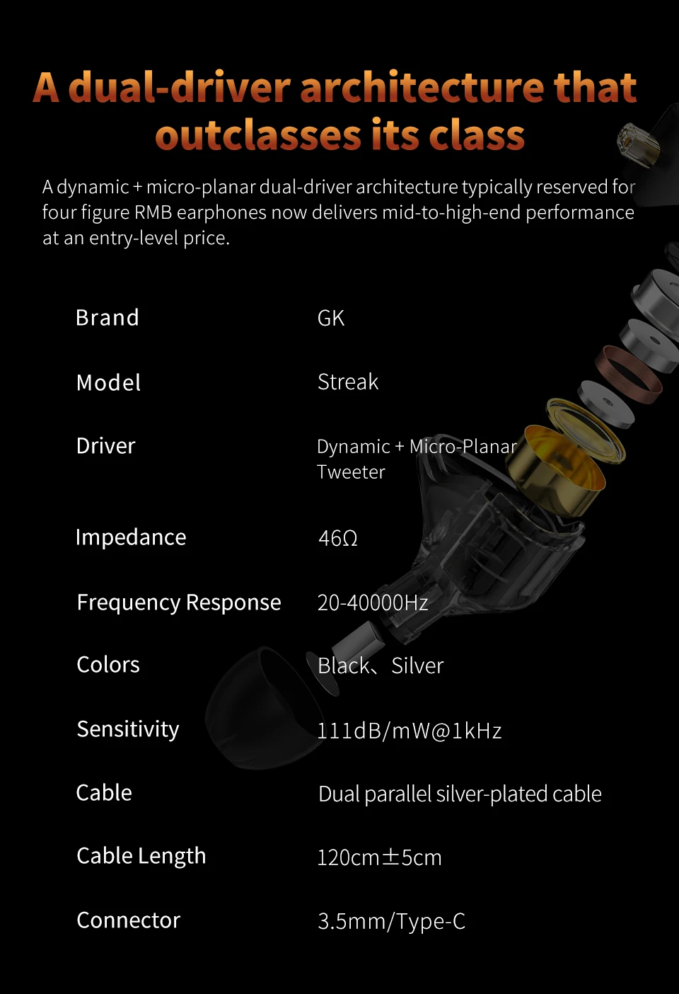 GK STREAK Earphones New-Generation Upgraded Dynamic Driver Unit + Microplate Tweeter Unit Metal Headphone