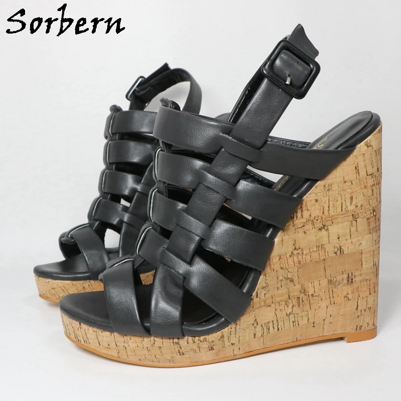 Sorbern Black Matte Wedge Sandals For Women Multi Straps Slingback Cork Platform Summer Shoes Multi Colors