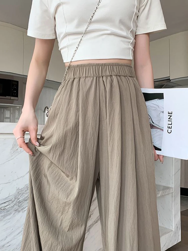 

Брюки женские с широкими штанинами, Свободные повседневные однотонные льняные модные штаны с эластичным поясом, черная уличная одежда, на лето