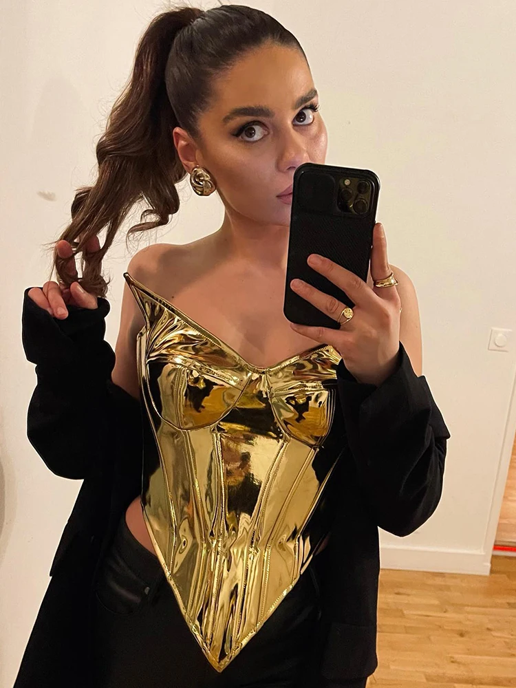 

Женский укороченный топ Bolopi, из искусственной кожи с V-образным вырезом, без рукавов, блестящий клубный Топ Y2K на лето, 2023