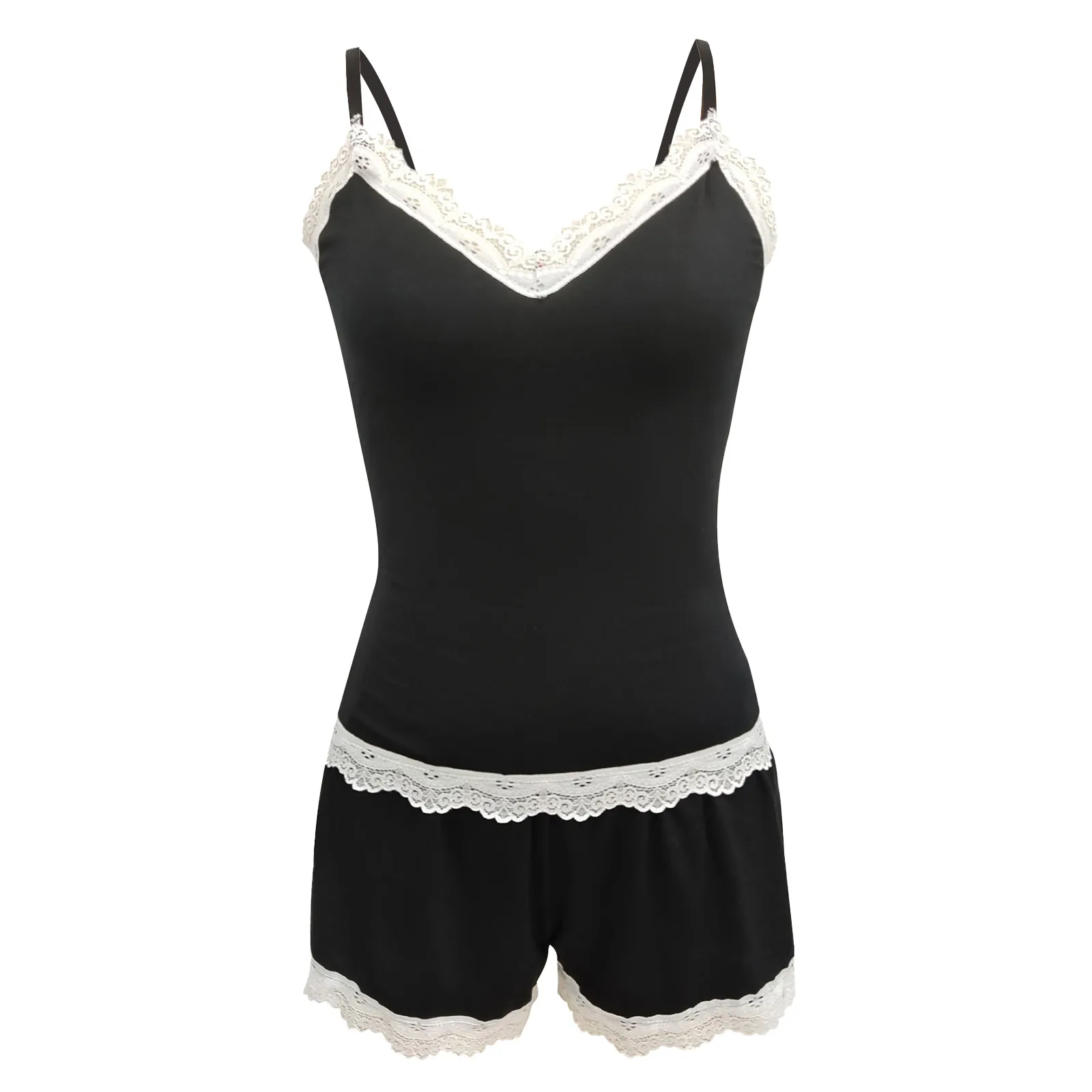 

Women's Casual Solid Color Lace U Neck Trim Slim Fit Home Sleepwear Pajama Short Pants Set
