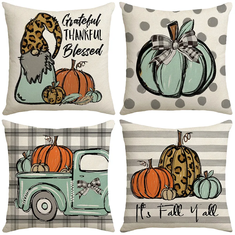 Pumpkin Truck Gnome Print Pillowcase 18x18 Inches Linen Pillow Cover Thanksgiving Decorations Living Room Couch Cushion Cover 2022 thanksgiving throw pillow covers 18x18 set of 4 happy fall yall thankful cushion case for sofa couch cotton linen no filler
