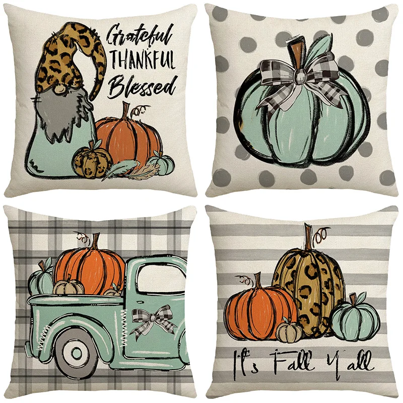 Pumpkin Truck Gnome Print Pillowcase 18x18 Inches Linen Pillow Cover Thanksgiving Decorations Living Room Couch Cushion Cover 45x45cm sofa cushion cover autumn thanksgiving fauxlinen throw pillow case letter fall pumpkin truck maple leaf couch home decor