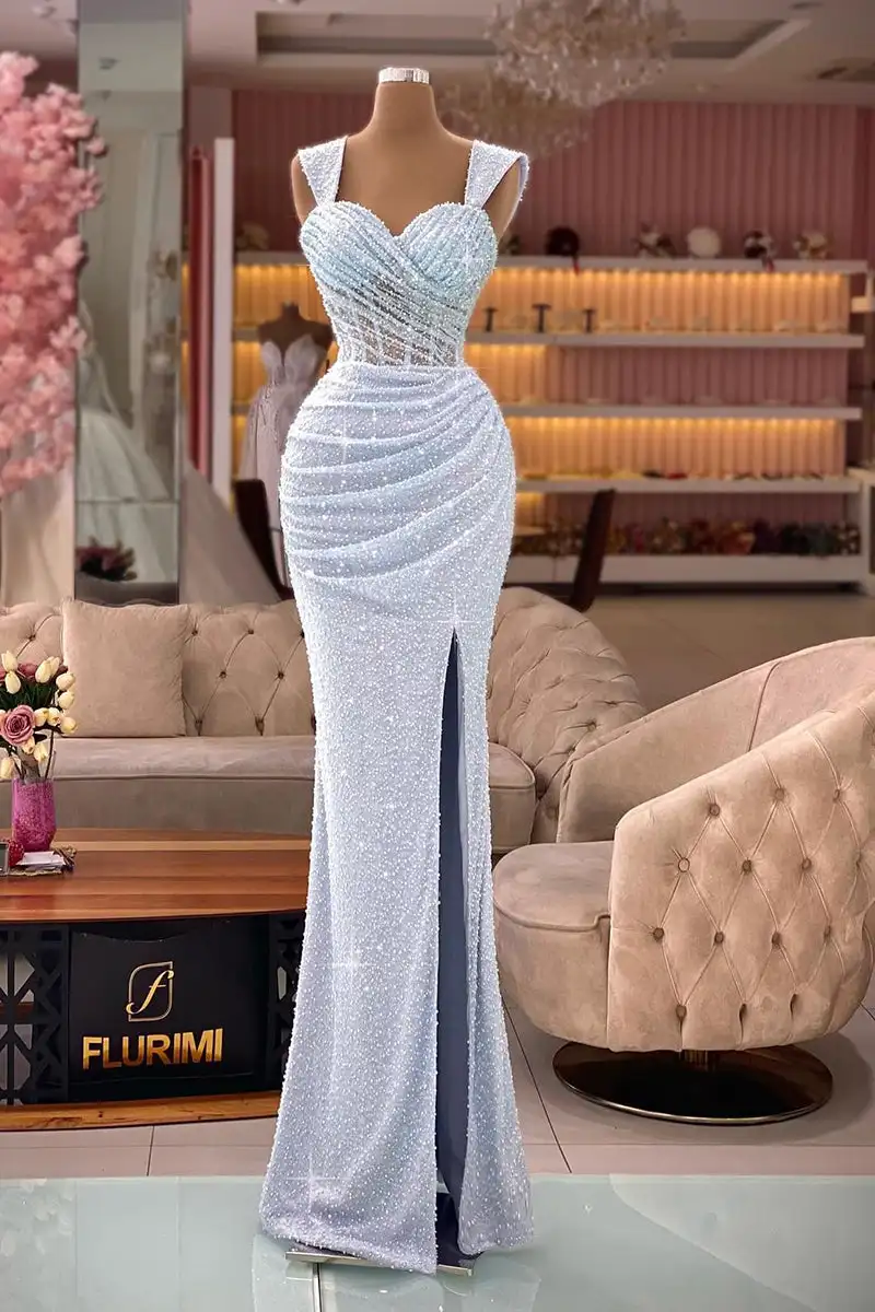 

Beaded Prom Dresses Long Floor Length Mermaid Sequined Sweetheart Sleeveless Pleats Front Slit Formal Party Evening Gowns
