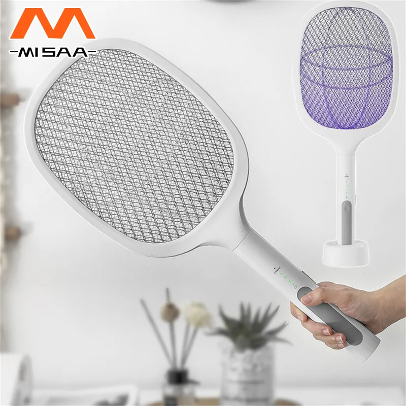 

2 In 1 Mosquito Racket USB Rechargeable Fly Swatter With Purple Lamp Seduction Sleep Protect Tools Mosquito Swatter Fly Killer