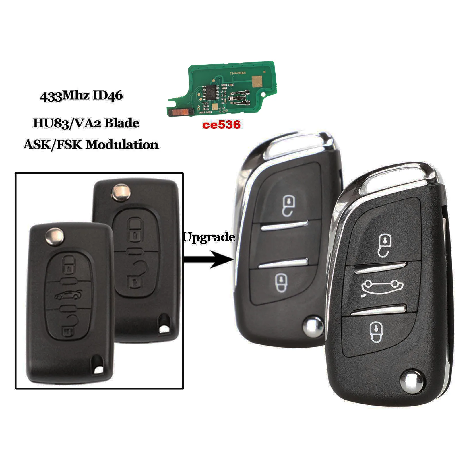 CE0536 2/3 Buttons Modified Flip Car key For Peugeot Partner 307 308 407 408 3008 ASK/FSK 433MHz PCF7961Chip HU83/VA2