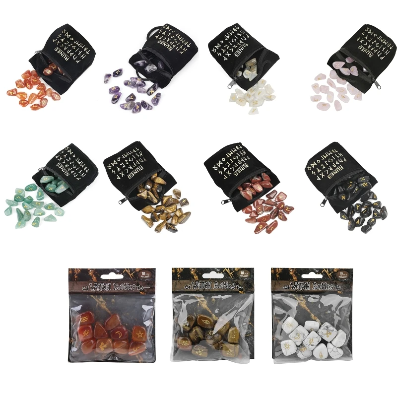 

Natural Polished Stone Runes Stone Pack Divination Props Carved Energy Stone Kit Runes Symbols Letters with Pouch Bag