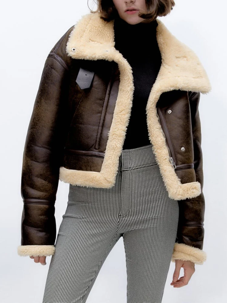 

FTLZZ New Winter Women Fashion Faux Lamb Leather Jacket Lapel Zipper Thick Short Pu Coat Lady Warm Brown Moto Biker Outwear