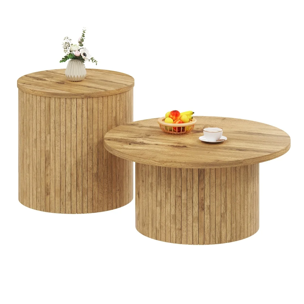 Multifunktionaler Tablett-Couchtisch aus Naturholz – doppelter runder Beistelltisch für das Wohnzimmer, vielseitiger Aufbewahrungstisch, Sofa-Beistelltisch – Detail 1