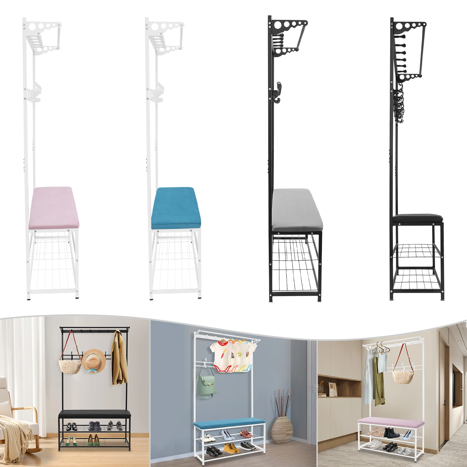 100cm Garderobenbank mit Stauraum, 6 Haken, Schuhregal, offenes Regal-Design, multifunktional für kleine Flure und Apartments – Detail 7