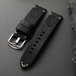 Vintage Black Genuine Leather Strap - Retro Rugged Style - 22mm (Silver buckle)