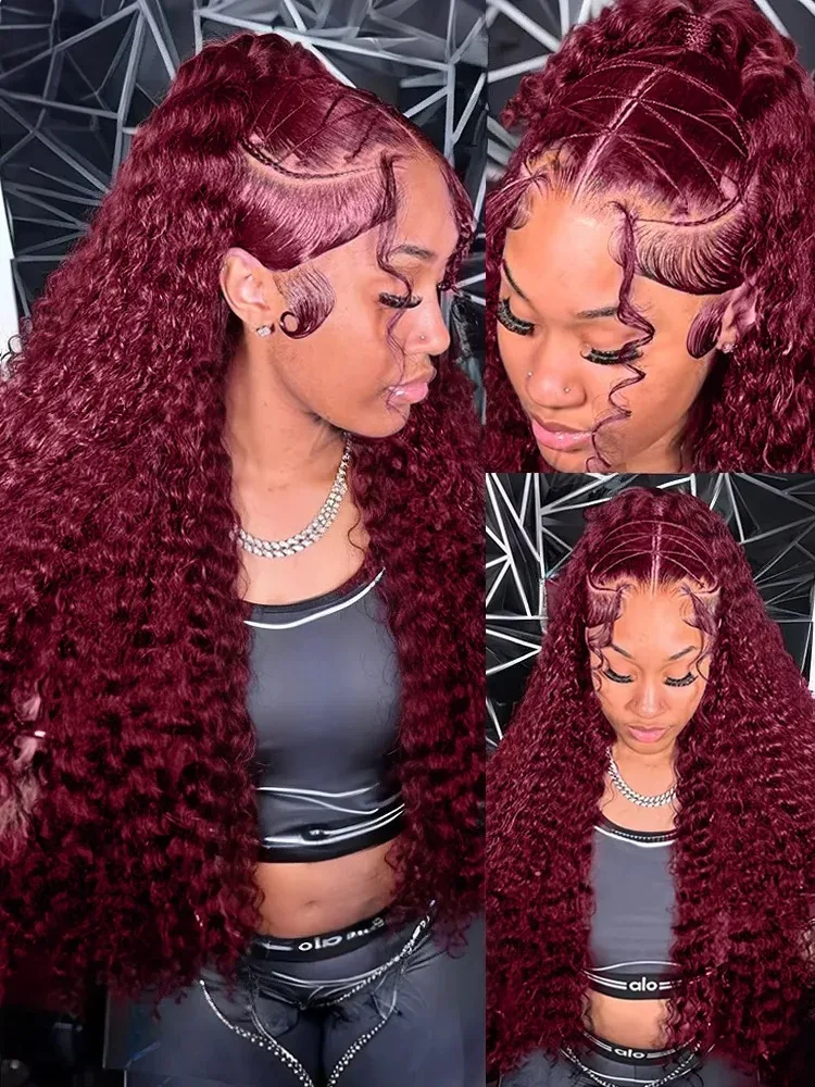 Human Hair Wig 30 40 Inch 99J Burgundy 13x6 Curly Lace Front Wig Red Wine Colored Pre Plucked Deep Wave 13x4 HD Lace Frontal