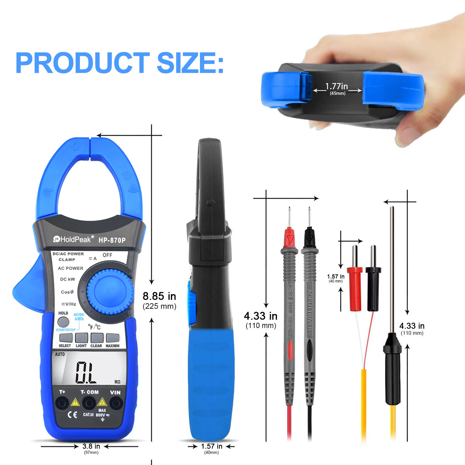 HP870P 스마트 파워 클램프 미터 1000A TRMS, kW kVA Cosφ Temp Hz 40mm 죠 테스터(모터 및 산업 서비스용)