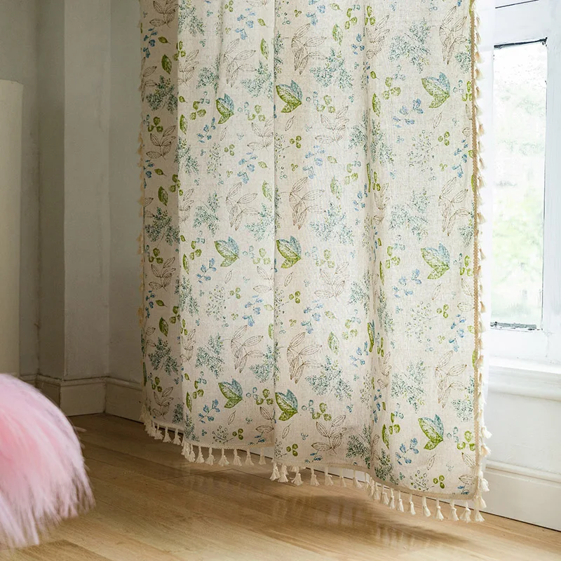 Details about   Rose Print Tassel American Curtain Cotton Linen Fringed Semi-Shade Bay Window 