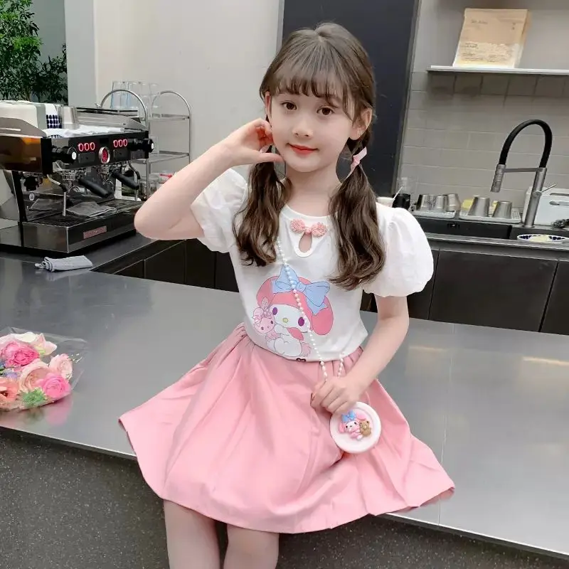 

Sweet Kuromi Anime Kawaii Sanrio Y2K Short Sleeve Dress Set Cute Cartoon My Melody Children Print Sshirt Pleated Skirt Toys