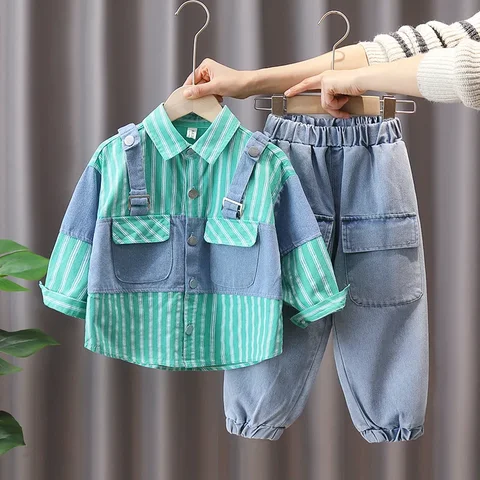 Spring Autumn Baby Boys Clothing Sets Children Clothes Outfit Toddler Infant patchwork Shirt Jeans Kids Casual Sportswear
