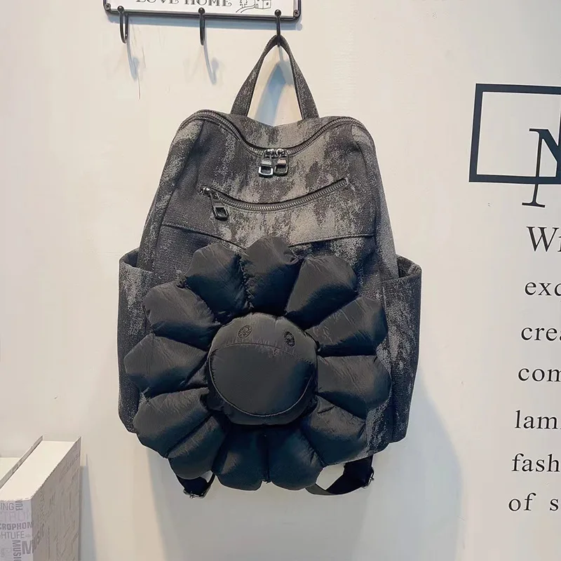 Denim Backpack Large Capacity Bag Casual Simple Commuter Bag Send Large Sunflower Pendant