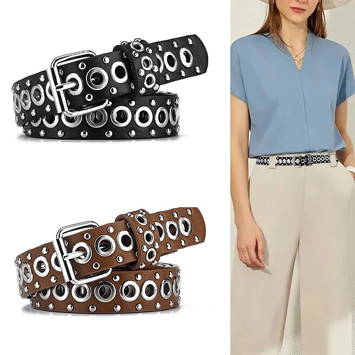 WomensBeltTrendRivetThinBeltMensBeltPunkHipHopRockY2K