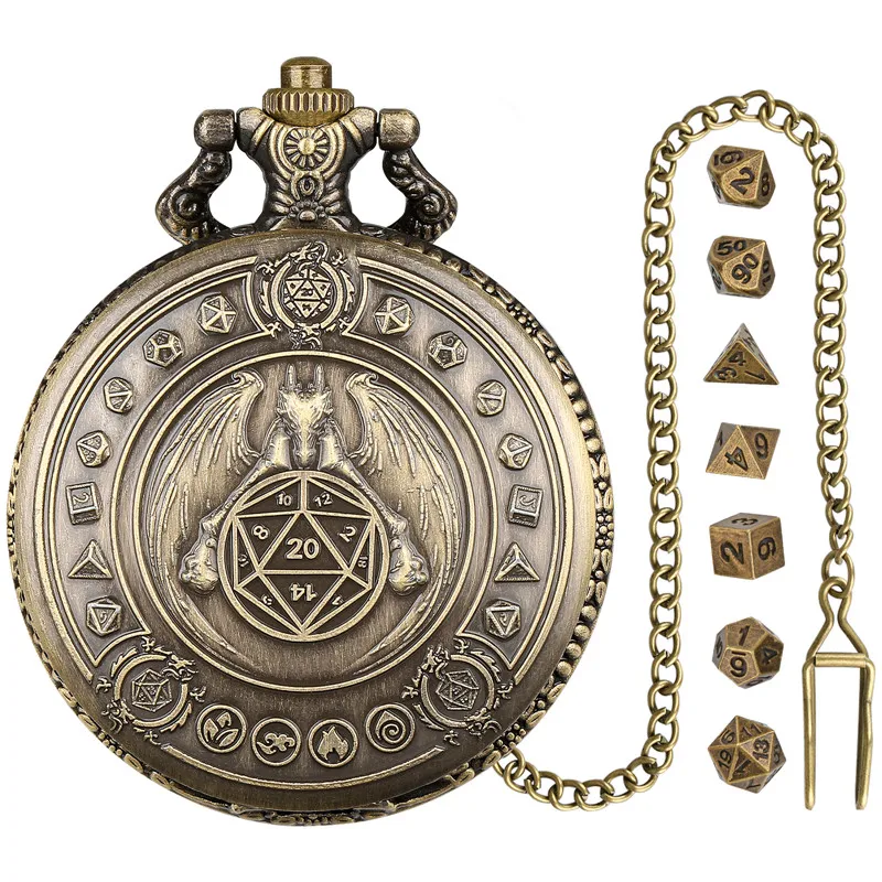 Vintage Dragon Wings Pocket Watch Case with 7pcs Tiny Polyhedral Metal Dice Set Role Playing Board Games Accessories watch parts