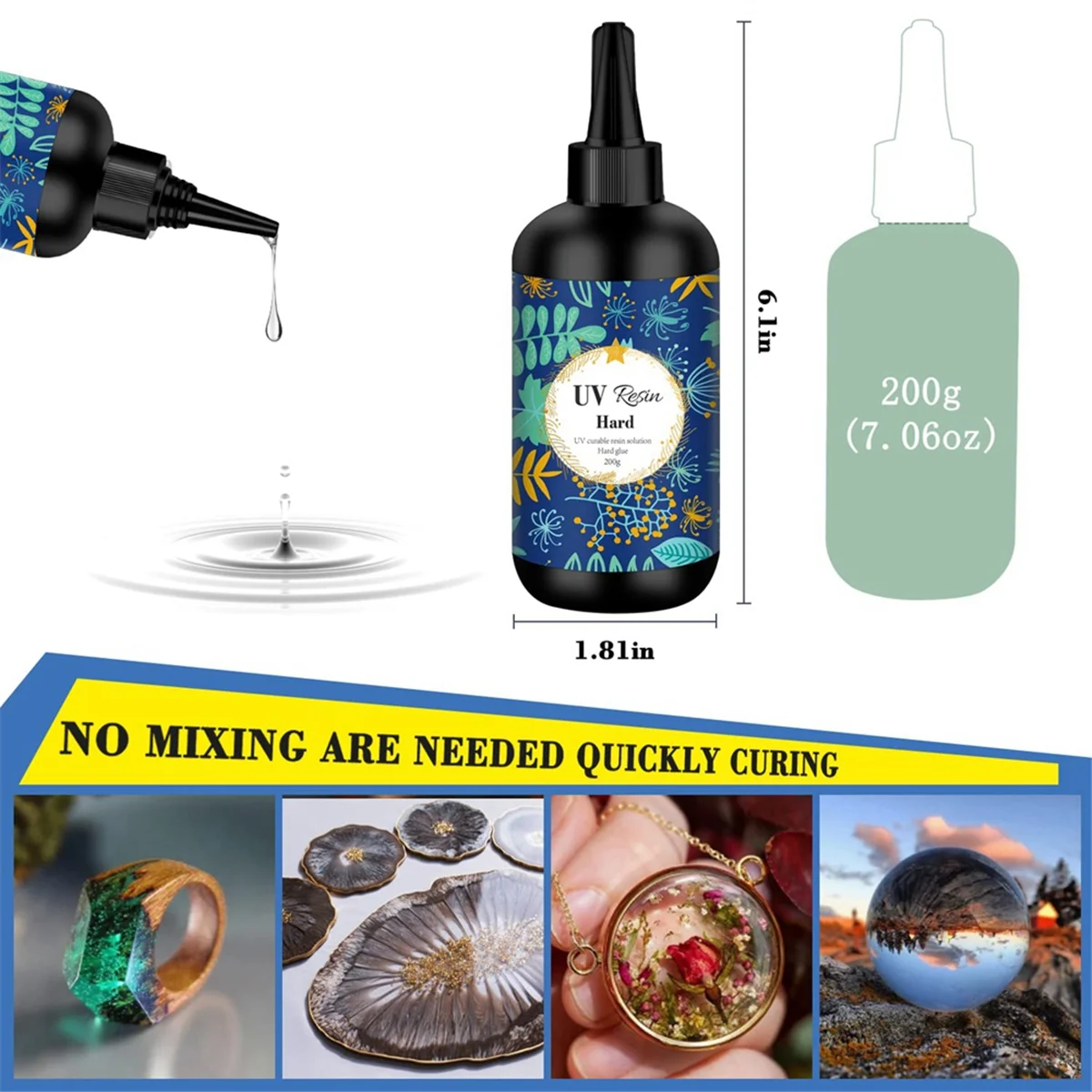 UV Resin 200G Transparent Ultraviolet Curing Clear Hard Type Resin, Solar Cure Resin for DIY UV Jewelry Making