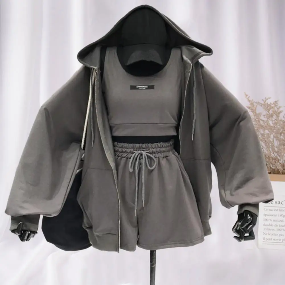 

3 Pcs/Set Women's Activewear Set Hoodie Sweatshirt Shorts Comfortable Suit For Sports Hoodie Summer Autumn Drawstring Thin Coat