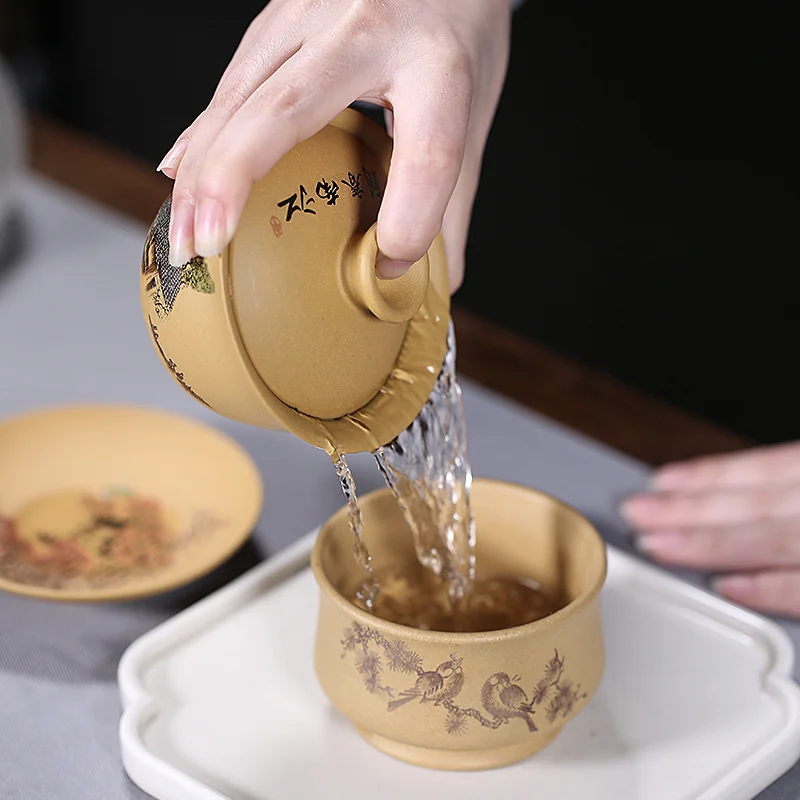 150ml Classic Chinese Raw Ore Old Duan Mud Hand Painted Jiangnan Landscape Purple Clay Sancai Gaiwan Kungfu Tea Bowl Drinkware