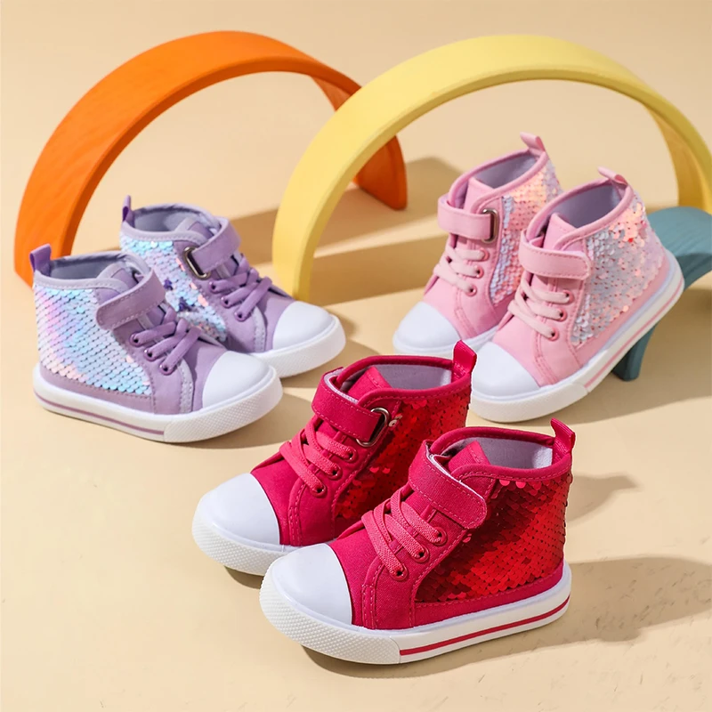 

Child Student Shoes Girls Sparkly High-top Canvas Shoes Kids Korean Casual Board Shoes Sequin Decorate Canvas Shoe For Children