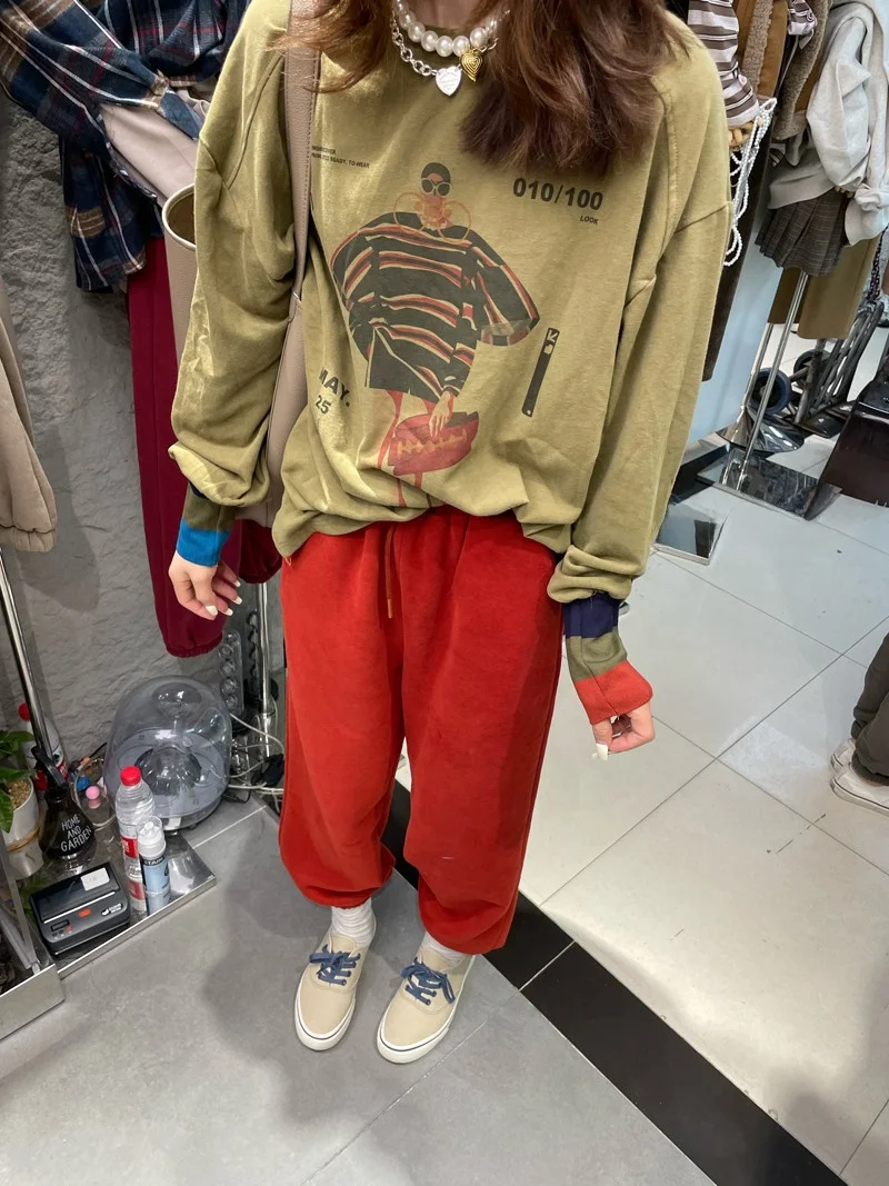 Loose Long Sve T-irt Women's Base irt Spring Autumn New Korean Version round Ne Letter Cartoon Pattern Patchwork Sve