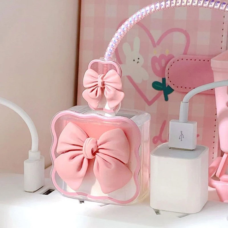 New Cable Charger Protector Cover Wave Pink Bow Design For IPhone 15 14 13 12 18W 20W Charger Data Line Spiral Winder Protective