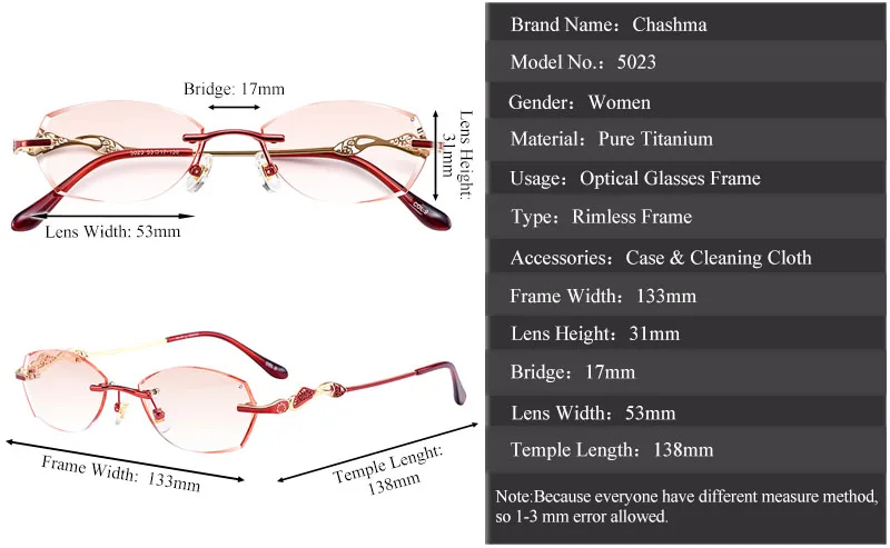 Chashma Women's Rimless Diamond Cut Titanium Oval Frame Eyeglasses 5023