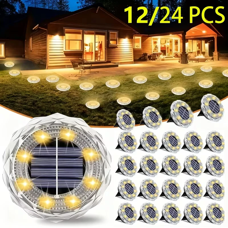 Pack of 12/24, Outdoor Solar In-ground Lights with Crystal Diamond Texture, Suitable for Courtyards, Gardens, Lawns, and Landscapes.