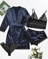 Women Fashion Pajama Print Sexy Lace Trim Faux Silk Satin Pajama Set Gown Skin Friendly Comfort Loungewear Sexy Pajamas - Image 3