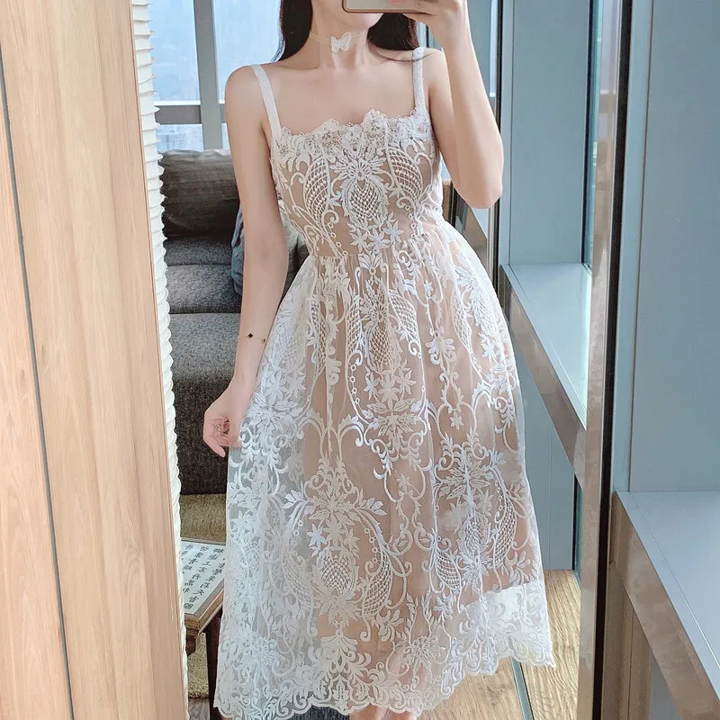 Square Neck Lace Embroidery Elegant Long Dress Fairycore Waist Sleeveless Camisole Dresses Women 2025 Spring Summer 23A8639