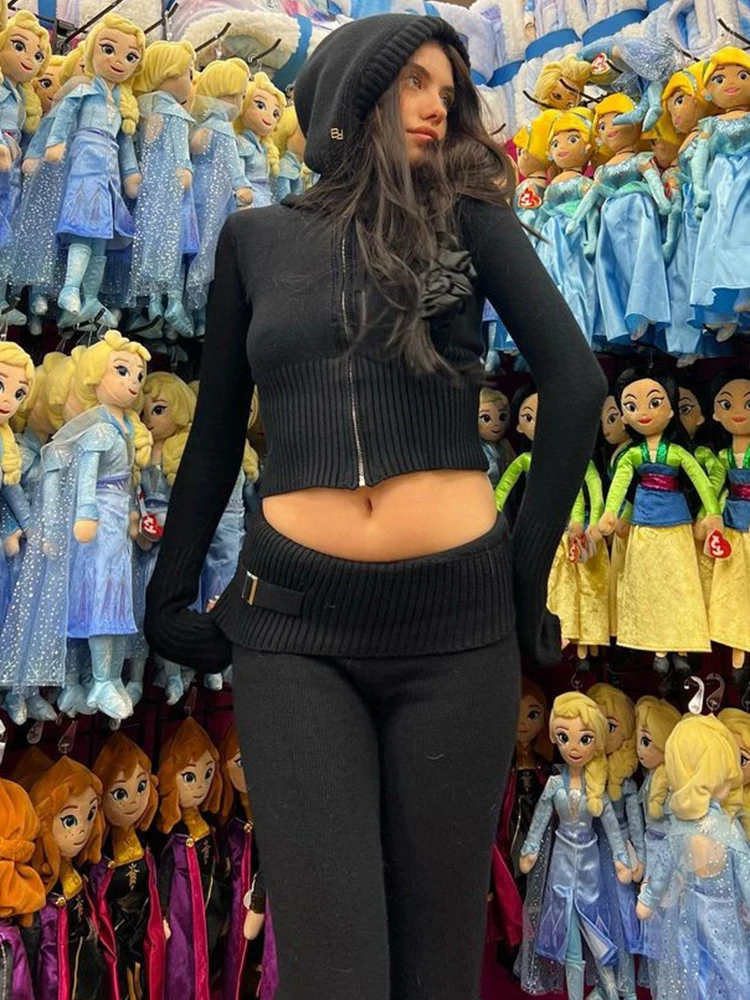 우아한 지퍼 레이스업 후드 및 바지 세트, 슬림핏 단색 가디건, 스트리트 템퍼러먼트, 캐주얼 여성 운동복, 2023