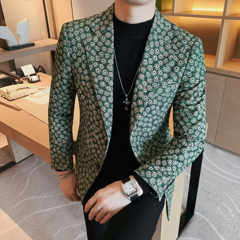 Autumn Winter Corduroy Flower Blazers Men Slim Fit Casual Suit Jacket Casual Suit Jacket Wedding Business Dress Coat Streetwear