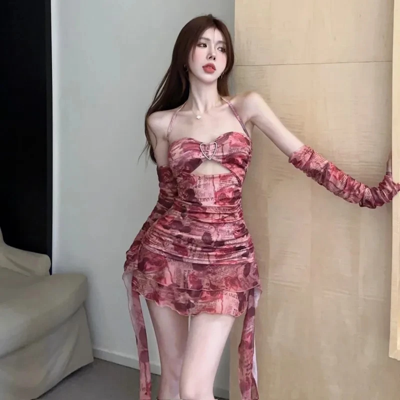 

Women Fashion trends Sexy Neck Open Back Print Off Shoulder Short Spicy Girl Ruffle Dress Elegant Flower Fashion Women