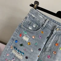 High Waist Loose Fit Diamond Embellied Denim Five-Point Pants Summer New Sle Women's Trendy Straight Leg Jeans - Image 4