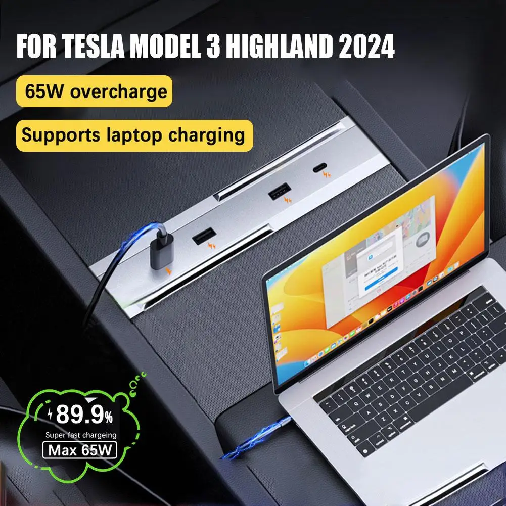 

For Tesla Model 3 Highland 2024 65W Expansion Dock Central Control Charging Shunt USB HUB Accessories Extender Fast Intelligent