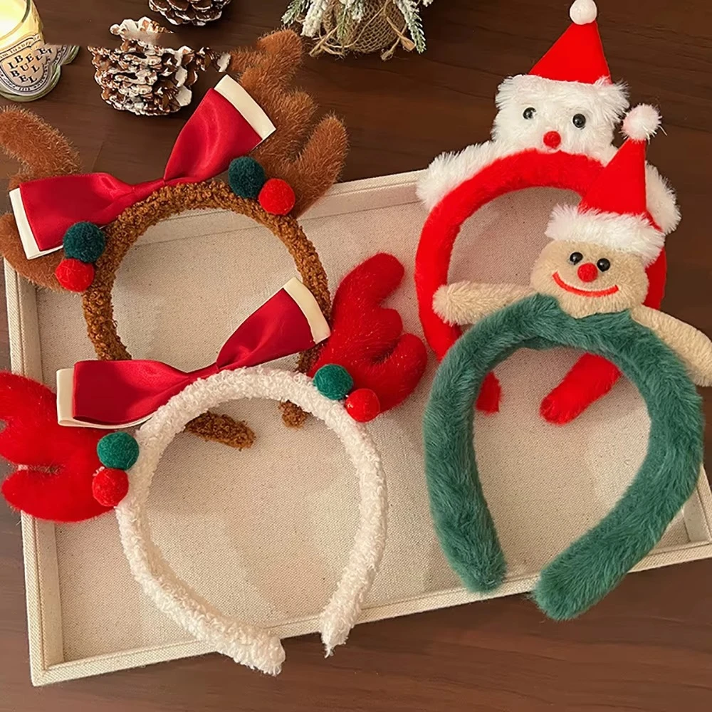 Cute Cartoon Red Christmas Headband Antler Fluffy Plush Children Headwear Snowman Hair Clip Xmas Hair Accessories